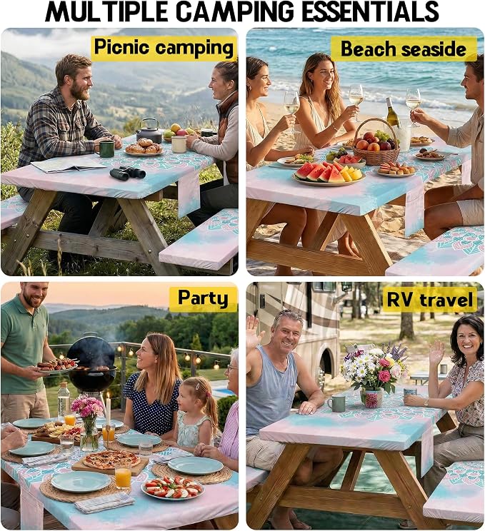 Picnic Table Cover with Bench Covers Waterproof Elastic Rectangle Reusable Folding Tablecloth Mantelería Manteles Camping Essentials Rv Car Travel Supplies Table Cloth Outdoor Road Trip Camper Gifts