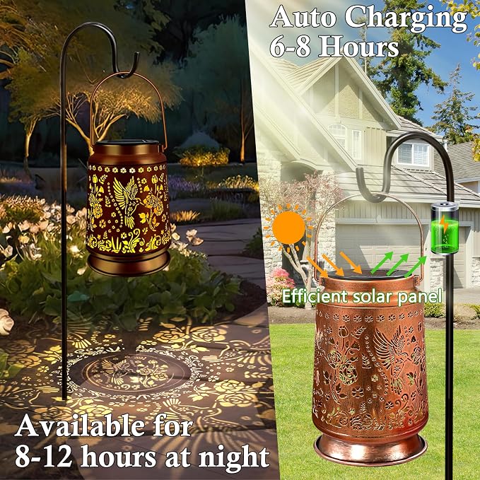 KY&BOSAM Solar Hummingbird Lanterns Outdoor Waterproof,LED 300 Lumens Metal Hanging Outside Lantern Lights Decorative for Yard Backyard Porch Garden Decorations Birthday Gifts for Women Mom Grandma