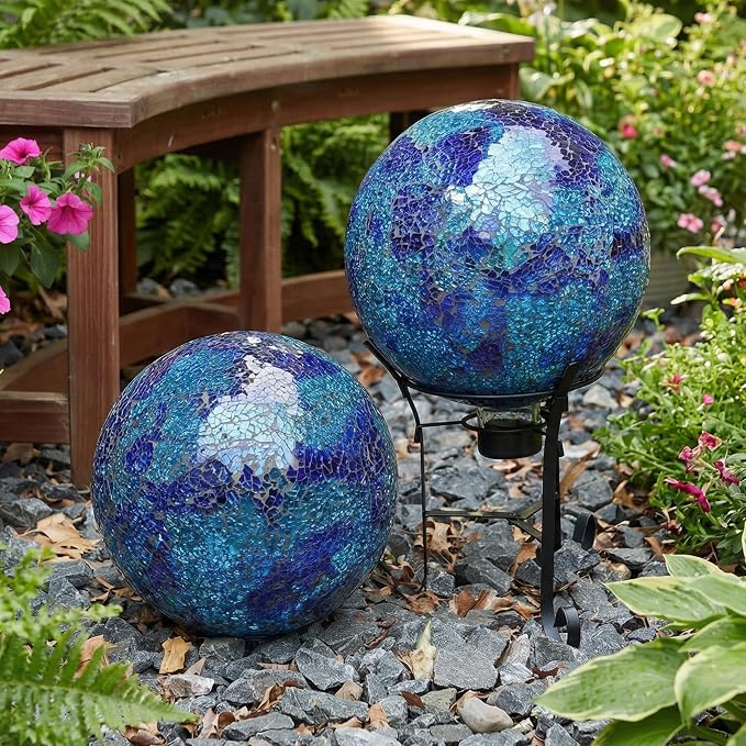 Sunnydaze 10" Mosaic Glass Gazing Ball for Garden, Globe for Outdoor Decor | Deep Ocean Swirl, 2pk, Decorative Sphere Fits Most Stands, Garden Ball for Outside, Flower Bed, Backyard, or Indoor Display
