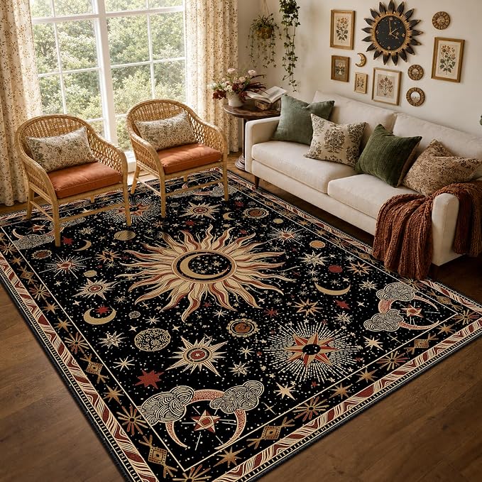 Vacuum-Friendly, 6x9 Washable Area Rug, Black Gold Beige Red | Sun and Moon Boho Gothic Non-Slip Low Pile Living Roon Bedroom Dining Room Kitchen Entry Entryway Entrance Hallway Doormat
