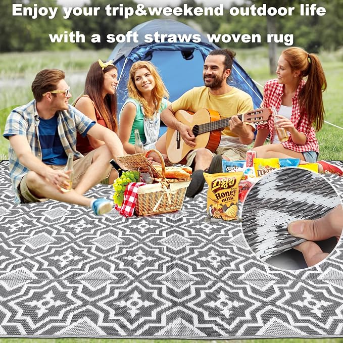 Alfolo Outdoor Rug 9x12 for Patios Clearance,Outdoor Plastic Straw Rug,Waterproof Camping Rugs for Outside Your Rv, Deck, Porch,Beach,Picnic,Pool Grey Recyclable,Easy Cleaning Outside Mats with a Bag