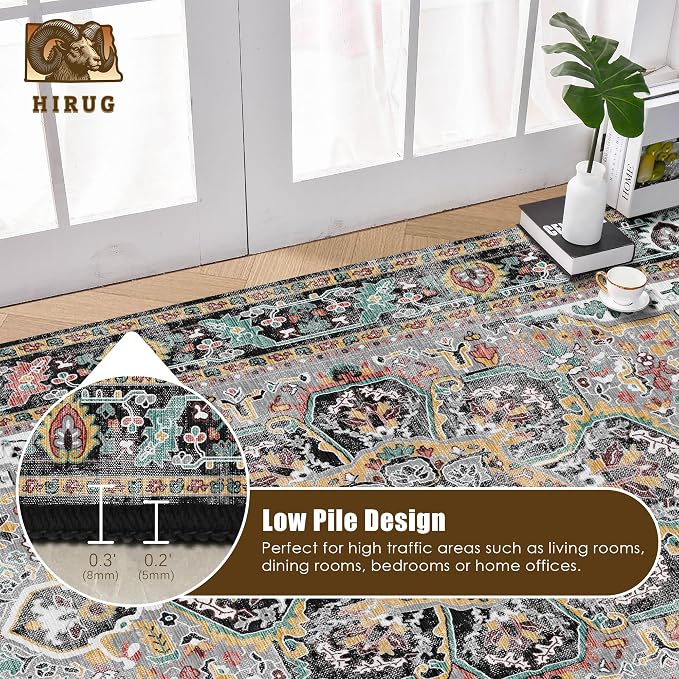 Washable Area Rug 9' x 12' Vintage Traditional Persian Mat - Foldable Distressed Non-Slip Machine Washable Carpet for Living Room Bedroom Kitchen Home Decor - Slate and Multicolor
