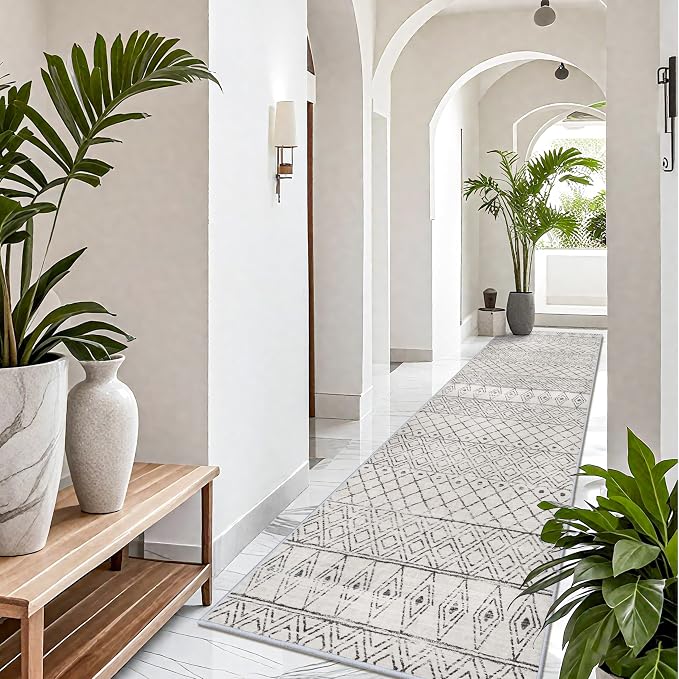 Washable 4x12 Rug for Hallway: Extra Long Moroccan Non Slip Rug Grey | Geometric Pets Friendly Runner Low Pile Soft Indoor Floor Mat Front Door for Kitchen Bedroom Entryway Laundry