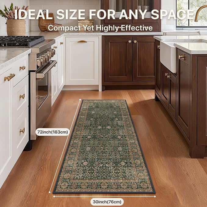 2'6" x 6' Kitchen Runner Rug, Washable Non Slip, Dark Green Brown | Vintage Floral, Spill Resistant, Lightweight Low Pile Carpet for Hallway, Bedroom, Laundry Room and Bathroom