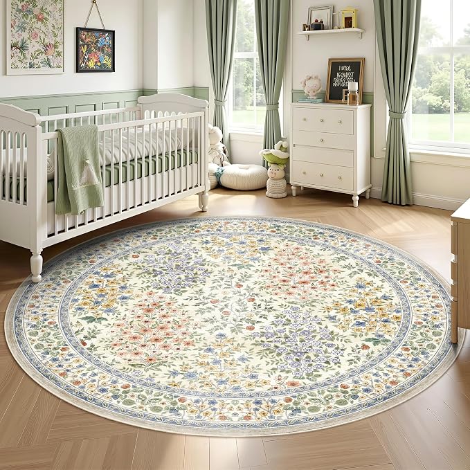 6FT Round Area Rugs, Machine Washable Low Pile Floral Rugs for Living Room, Bedroom, Large Boho Area Rug with Non-Slip Backing for Dining Room(Beige Floral)