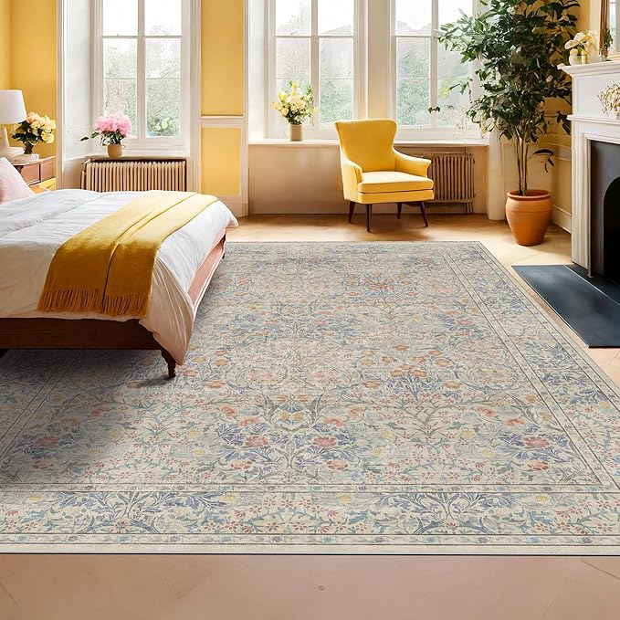 8x10 Washable Rug for Living Room - Stain Resistant Dining Room Rugs for Under Table, Soft Low Pile Large Carpet for Bedroom - Vintage Floral Non-Slip (8x10 Beige Blue)
