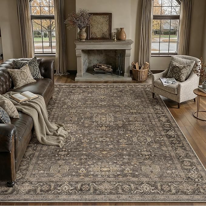 8x10 Dark Brown Vintage Area Rug | Washable, Non Slip, Soft Low Pile, Traditional Farmhouse, Large, for Living Room Bedroom Dining Room Indoor