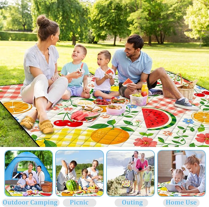 Extra Large Picnic Blanket Waterproof,80"x 80"Foldable Machine Washable Outdoor Blanket,Fruit Beach Blanket for 6-8 Adults,Picnic Mat Suitable for Indoor Crawling,Park Beach,Camping,Hiking,Travel