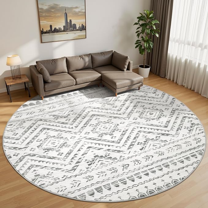 Miukiki Round Rugs 8ft Washable Moroccan Circle Rug for Living Room Grey | Non Slip Indoor Floor Carpet Foldable Area Rug for Dining Room with Low Pile 8ft