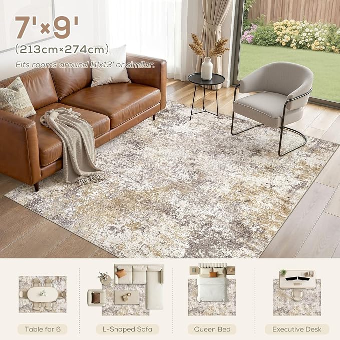 Nakagishi 7X9 Abstract Washable Area Rugs for Living Room-Golden Brown | Modern Non-Slip Silicone Backing Low Pile Soft Carpet for Bedroom Dining Decor for Families with Kids and Pets