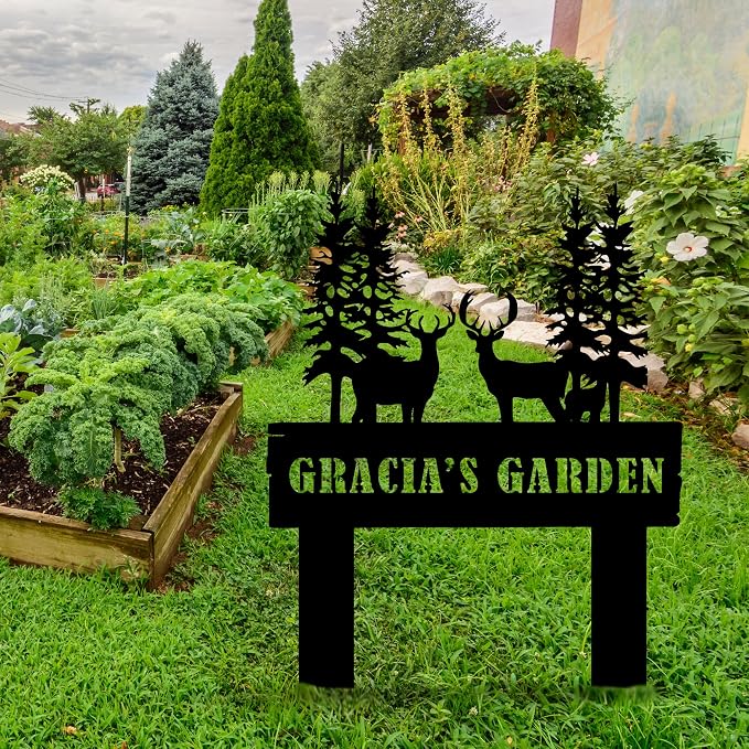 Personalized Deer Garden Sign with Stakes, Custom Metal Garden Decor, Large Deer Stake for Farmhouse, Metal Yard Art, Gift for Grandmother, Gift for Mom, Patio Garden Decorations, Housewarming Gift