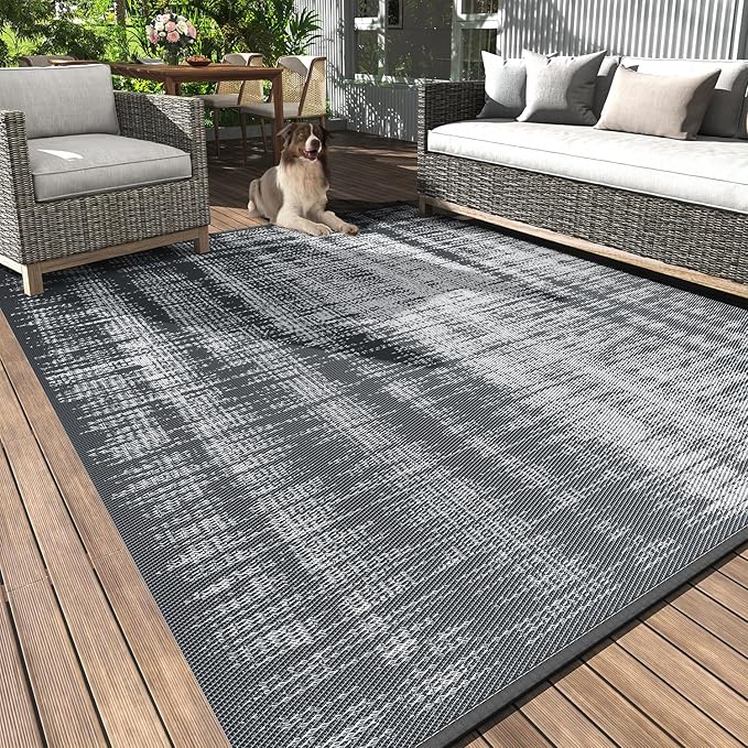MontVoo Outdoor Rug Waterproof 8x10 ft Outdoor Carpet Patio Rug Mat Reversible RV Camping Rug Plastic Straw Outside Rug for Balcony Porch Deck Picnic Beach Modern Grey