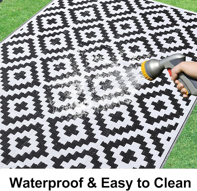 Smiry Waterproof Outdoor Rug 8x10 ft, Reversible Plastic Straw Patio Camping Rugs, Outdoor Indoor RV Mat Carpet for Patio, Outside Entry, Backyard, Deck, Bench, Picnic, Camper, Black & White