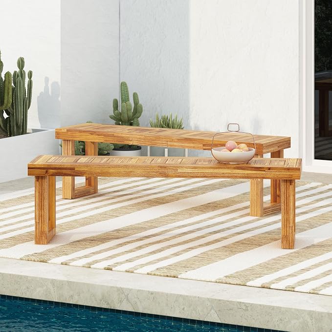 Merax Acacia Wood Outdoor Bench Set of 2, Backless Garden Bench Rustic Patio Dining Seats, Slat Panel Design, Weatherproof, 60" Long, Bear 300lbs, Natural