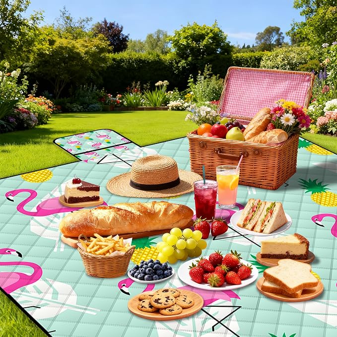 Extra Large Picnic Blanket Waterproof,80"x 80"Foldable Machine Washable Beach Blankets,Outdoor Blanket for 6-8 Adults,Picnic Mat Suitable for Indoor Crawling,Park Beach,Camping,Hiking,Travel（Flamingo）