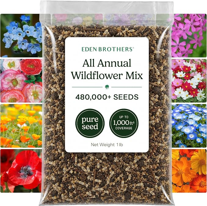 Eden Brothers All Annual Wildflower Mixed Seeds for Planting, 1 lb, 480,000+ Seeds with Sunflower, Indian Blanket, Scarlet Flax | Attracts Pollinators, Plant in Spring, Zones 3, 4, 5, 6, 7, 8, 9, 10