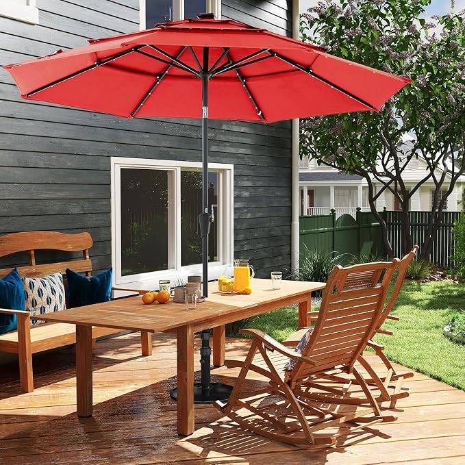 DUMOS Outdoor Solar Patio Umbrella 3 Tiers with 32 LED Lights, Beach Market Table Umbrella with Crank and 8 Sturdy Ribs for Pool, Terrace, Restaurant
