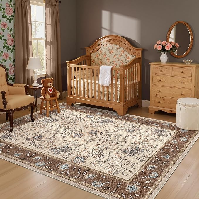 GarveeHome 5x7 Area Rug Brown Washable Rugs for Living Room Bedroom | Non Slip Soft Low Pile French Country Floor Mat Botanical Floral Print Throw Rug Indoor Carpet Dining Room Playroom