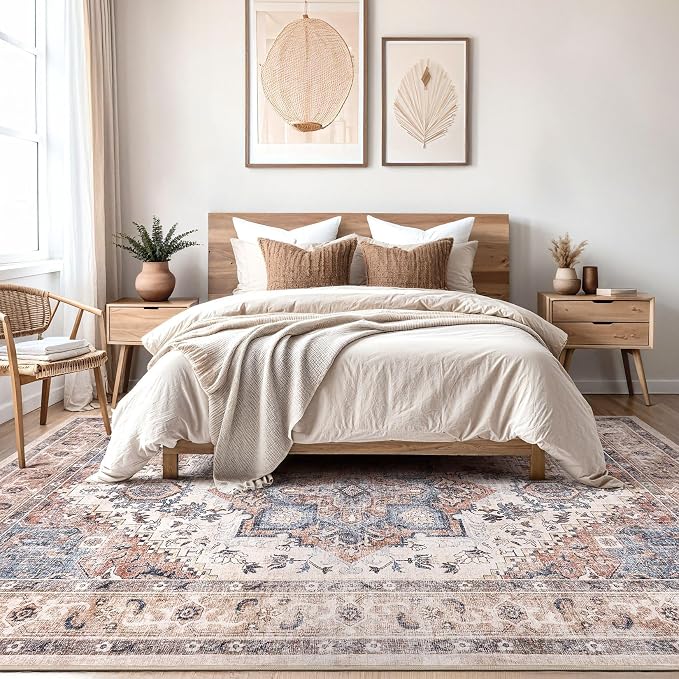 DTICON Vintage Washable 12x15 Area Rug Living Room Rugs, Camel | Boho Distressed, Pet & Kid Friendly, Non-Slip Backing, Soft Polyester, Low-pile Carpet for Living Room, Bedroom, Dining Room