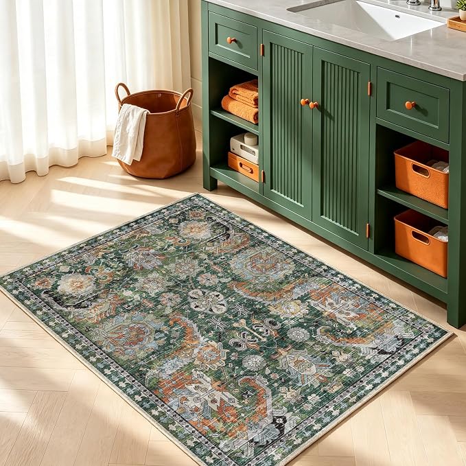 Washable Area Rugs - Perfect for Living Room, Bedroom, Kids Room, Nursery - Stain & Water Resistant Non-Slip, Pet & Child Friendly, Vintage Tribal Area Rugs (Green, 3' x 5 ')