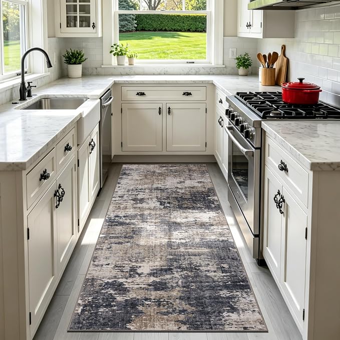 Sasttie 2x6 Runner Rug, Modern Abstract Hallway Carpet, Black & Beige | Machine Washable, Ultra-Soft Faux Wool, Low Pile, Non-Slip, Thin, for Entrance, Entryway, Kitchen & Laundry Room