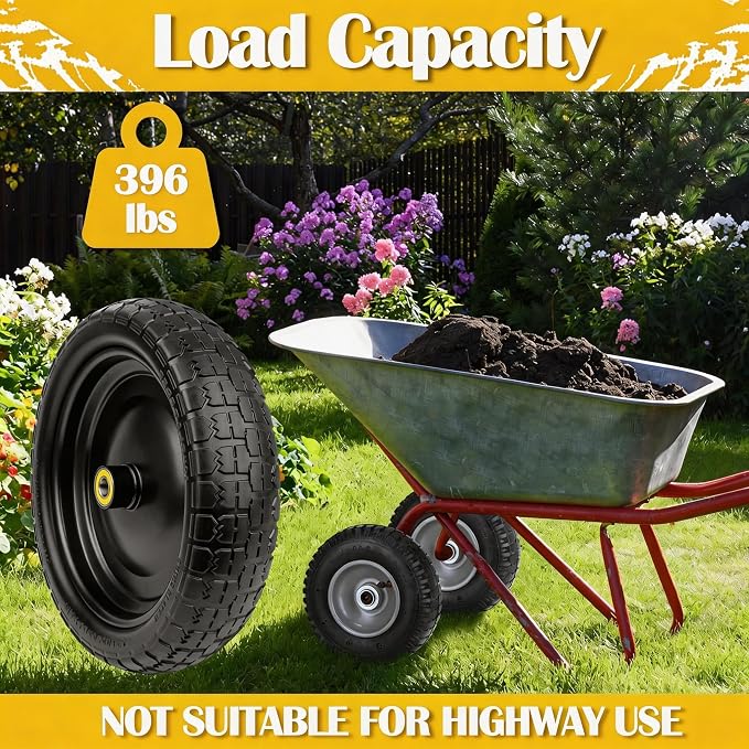 13" G orilla Cart Tires Flat Free, 396LB Capacity, with 5/8" Axle Bore Hole, 2.2" Offset Hub, Solid Rubber Tire for GOR Garden Cart, Trolleys, Hand Trucks, Yard Trailers, 4 Pack