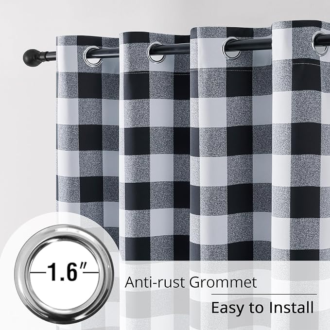 Black and White Buffalo Plaid 100% Blackout Curtains for Bedroom/Living Room, Energy Saving & Privacy, Noise Reducing, Grommet, W52×L96, 2 Panels