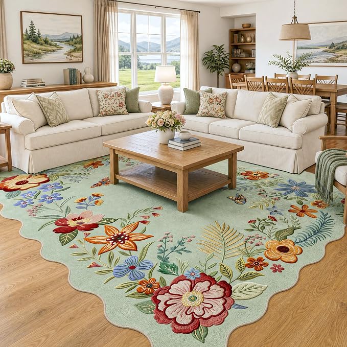 FMFUNCTEX 8x10 Washable Mint Green Boho Scalloped Area Rug for Living Room | Floral Vintage Flower Colorful Traditional Soft Distressed Non Slip Low Pile Large Indoor Carpet Dining Bedroom Nursery