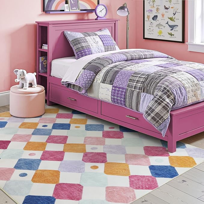 jinchan 5x7 Nursery Rug Washable Kids Rug Colorful School Classroom Berries | Soft, Non-Slip, Cute, Kid-Friendly, Modern Checkered Diamond Design, Play Mat, Playroom, Bedroom, Dorm, Daycare, Living Room