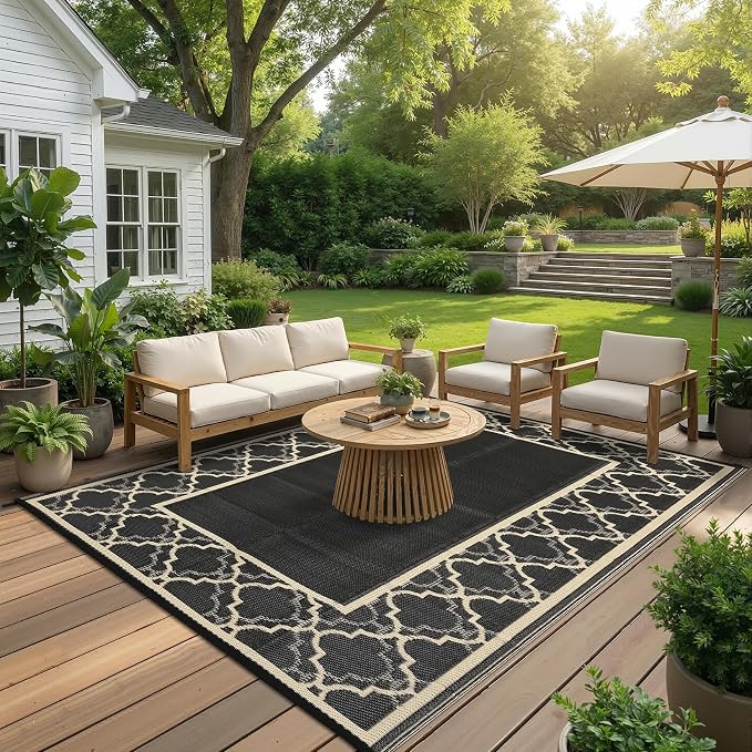 Garvee Reversible Outdoor Rug 5x8, Waterproof Outdoor Plastic Straw Rug with Interlacing Pattern, RV Mat for Picnics, Patio, Camping, Balcony, Deck, Backyard, Porch, Coffee