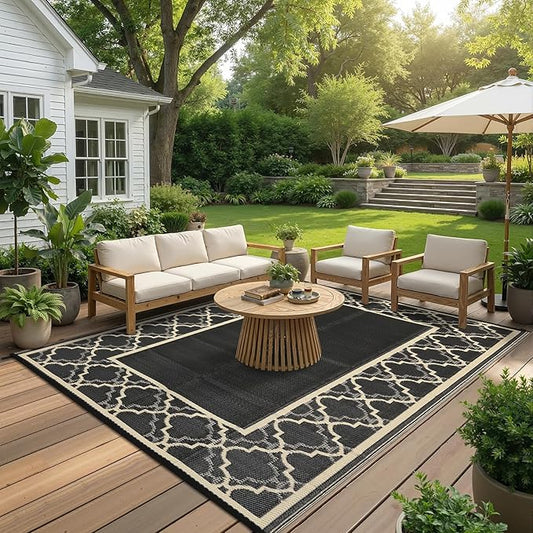Garvee Reversible Outdoor Rug 6x9, Waterproof Outdoor Plastic Straw Rug with Interlacing Pattern, RV Mat for Picnics, Patio, Camping, Balcony, Deck, Backyard, Porch, Coffee