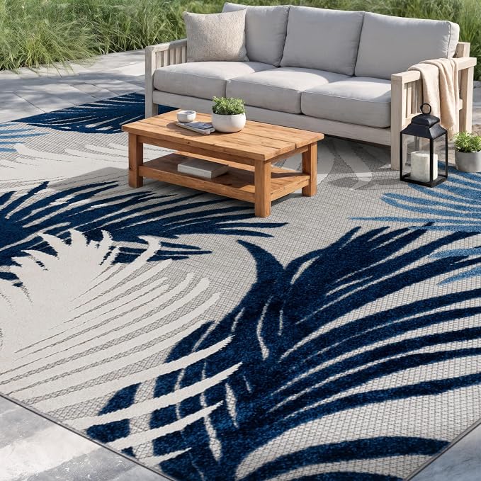 Rugshop Navy Lucca Contemporary Floral Indoor/Outdoor Square Area Rug Durable Polypropylene, Weather Resistant, Easy to Clean Perfect for Patio, Backyard, Deck and Outdoor Lounge 6'6" x 6'6" Square