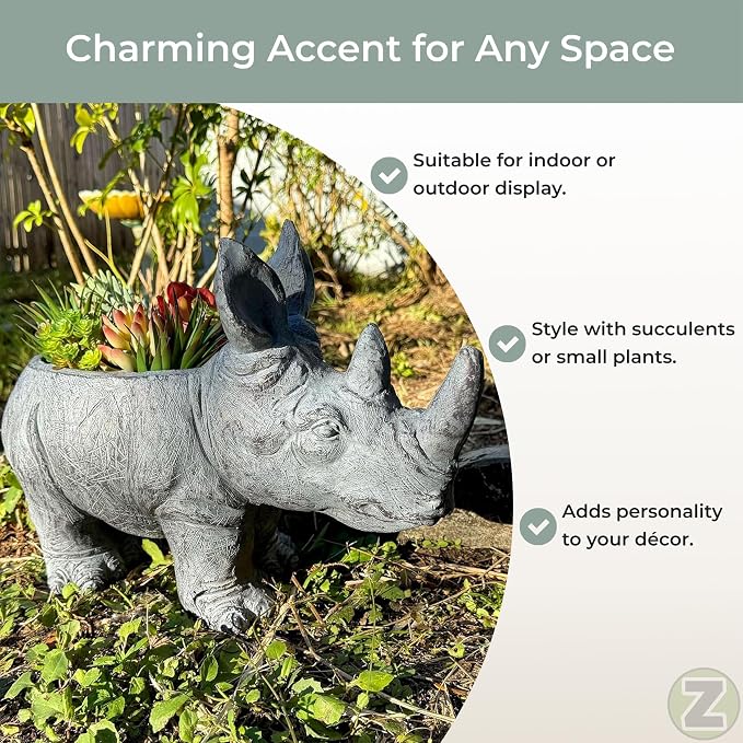 Zeckos Charming Grey Rhino MGO Planter with Drain Holes, 18.5 inches - Weather-Resistant Magnesium Oxide for Garden or Patio Decor - Unique Animal Theme Planter, Perfect for Indoor/Outdoor Use