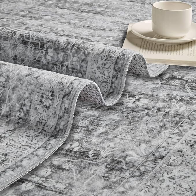 Latte&Fog 4x6 Area Rugs for Living Room, Vintage Washable Grey Rug | Non Slip Low Pile Soft Floral Cute Carpet for Dining Kitchen Kids Playroom Nursery Guest Room Classroom Dorm Farmhouse Office