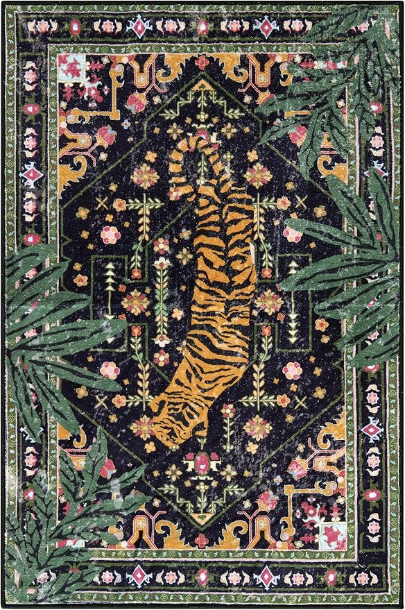Oriental Tropical Washable Rugs, Thin Black Boho Vintage Distressed Hippie 4x6 Area Rugs for Living Room Bedroom Kitchen Entryway Dorm, Abstract Botanical Animal Tribal Indian Accent Carpet