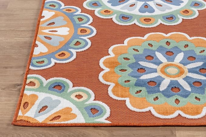 Outdoor Rug 9x12 Washable Area Rugs Indoor Outdoor Carpets Orange Bohemian Medallion Non Shedding Waterproof Easy Clean Patio Deck Porch Living Room Bedroom Garden RV (9 X 12 Orange)