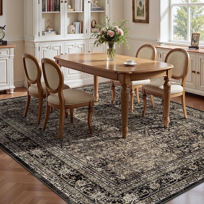 8x10 Area Rugs for Living Room - Washable Vintage Retro Large Rug, Soft Ultra Thin Non Slip Low Pile Traditional Distressed Boho Carpet for Bedroom Dining Room Home Office, Brown