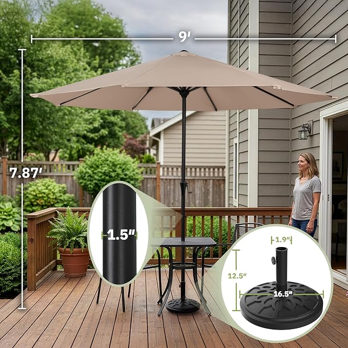 Pure Garden 9FT Round Patio Umbrella with 19lb Weighted Base - Easy Crank, Vented Canopy Outdoor Umbrella for Shade - For Deck, Balcony, Porch, Backyard, or Pool (Khaki)