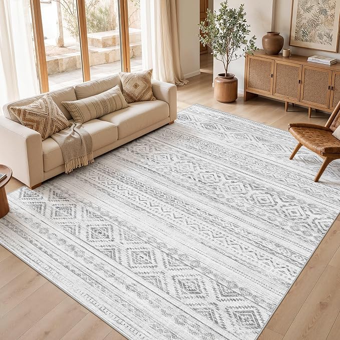 cotiled Boho 7x9 Area Rug for Living Room: Large Moroccan Washable Rug | Solve Modern Neutral Trendy Home Decor - Stain Resistan Indoor Carpet for Bedroom Dining Room Light Grey
