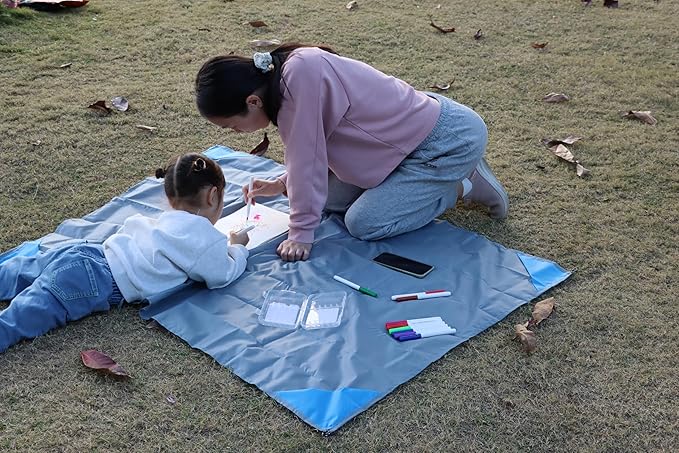 Orga'Neat Pocket Picnic Blanket, Beach Mat Waterproof Sandproof, Compact Lightweight Small Tarp for Camping, Hiking, Backpacking, Festival, Travel, Foldable in Bags (Grey/Blue, 55"x39")