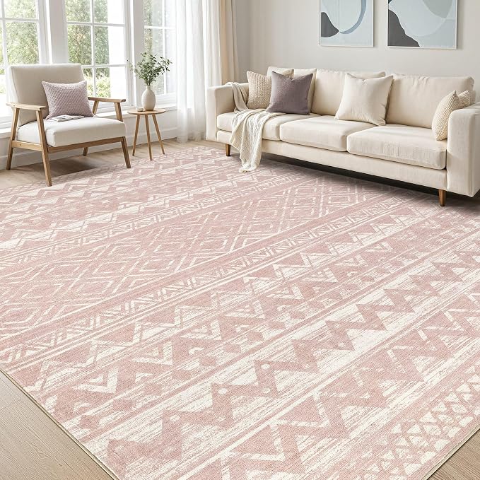 cotiled Boho 8x10 Area Rugs for Living Room: Large Moroccan Washable Rug | Solve Modern Neutral Trendy Home Decor - Stain Resistan Carpet for Bedroom Farmhouse Dining Room Pink