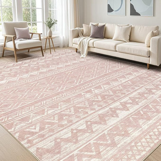 cotiled Boho 10x14 Area Rug for Living Room: Large Moroccan Washable Rug | Solve Modern Neutral Trendy Home Decor - Stain Resistan Carpet for Bedroom Farmhouse Pink