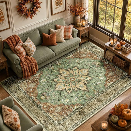 RELEANY Washable Area Rug, 8'x10', Brick/Brown/Green | Non-Slip, Water Repellent, Pet Friendly, Easy to Clean, Vintage Floral Boho Decor for Living Room Bedroom Dining Room