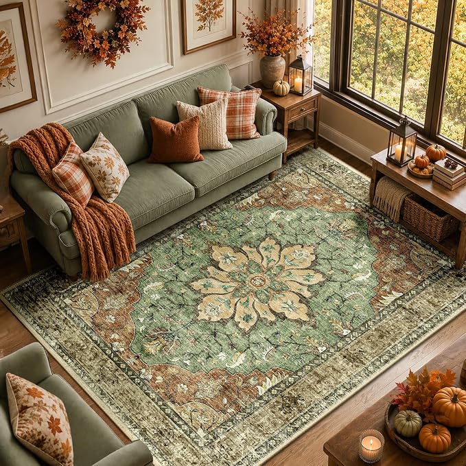 RELEANY Washable Area Rug, 5'x7', Brick/Brown/Green | Non-Slip, Water Repellent, Pet Friendly, Easy to Clean, Vintage Floral Boho Decor for Living Room Bedroom Dining Room Office