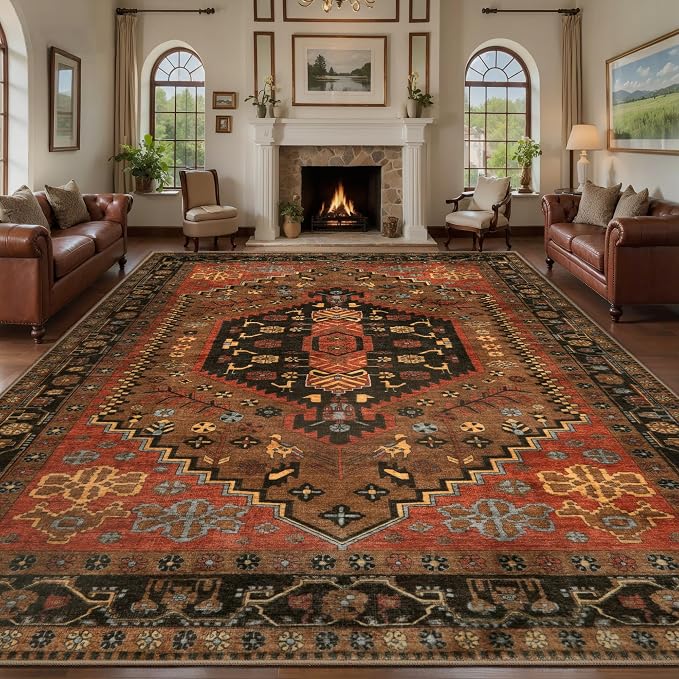 Ciicool Large 9x12 Area Rugs for Living Room,Washable Boho Throw Carpet | Oriental Low-Pile Soft Vintage Non-Slip Indoor Mat for Kitchen Bedroom Bedside Laundry Bathroom Dining Room Foyer Decor