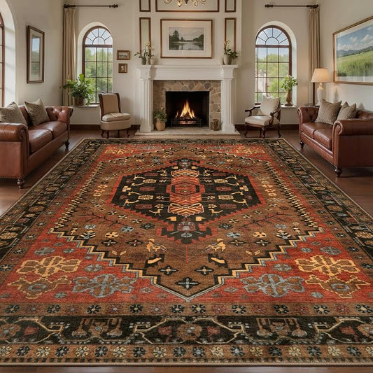 Ciicool Large 9x12 Area Rugs for Living Room,Washable Boho Throw Carpet | Oriental Low-Pile Soft Vintage Non-Slip Indoor Mat for Kitchen Bedroom Bedside Laundry Bathroom Dining Room Foyer Decor