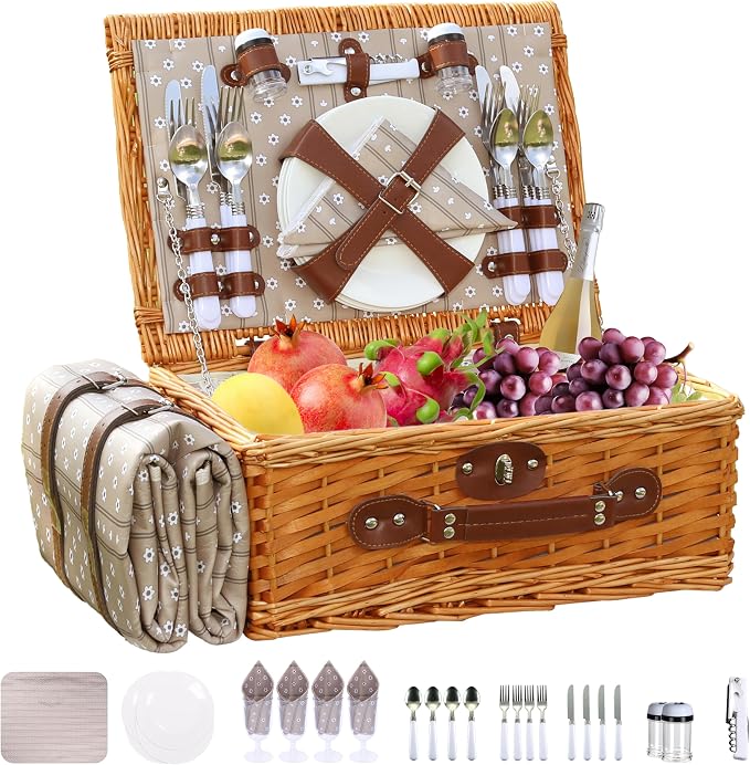 Picnic Basket Set for 4 with Waterproof Blanket Mat Insulation Bag Wicker Floral Brown Classic Fresh for Christmas Thanksgiving Wedding Birthday Camp Outdoor Beach Travel