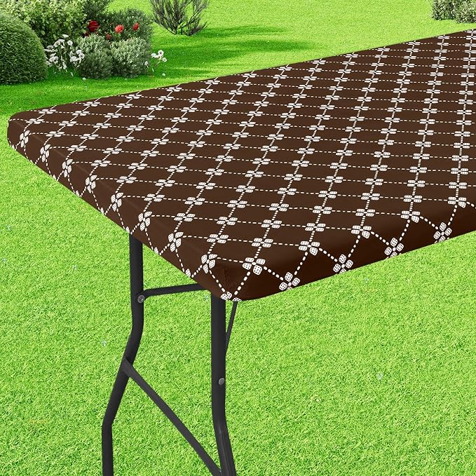 misaya Rectangle Vinyl Table Cloth, Elastic Fitted Tablecloth with Flannel Backing, Waterproof Plastic Table Cover Fits 8 Foot Folding Tables for Picnic, Camping and Outdoor (Coffee, 30" x 96")