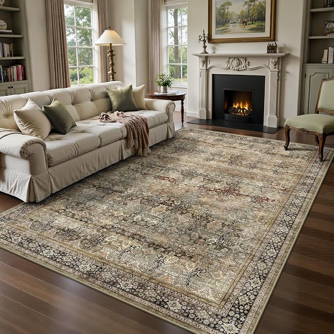 6x9 Area Rugs - Washable Vintage Retro Living Room Rug, Soft Ultra Thin Non Slip Low Pile Traditional Distressed Boho Carpet for Bedroom Dining Room Nursery Home Office, Charcoal Olive