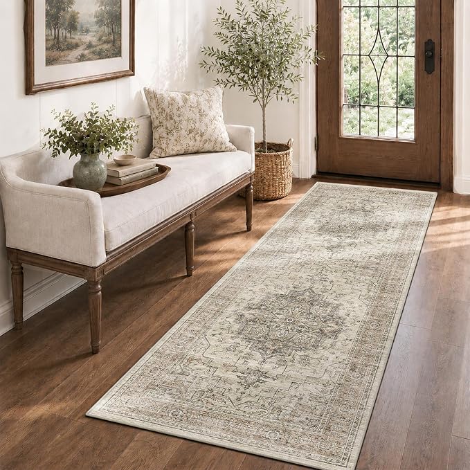 2x6 Vintage Runner Rug Low Pile Non-Slip Washable Hallway Rug | Retro Print, Non-Shedding, Soft Washable Neutral Carpet, Stain Resistant Runner, for Hallway Kitchen Bedroom Laundry Room